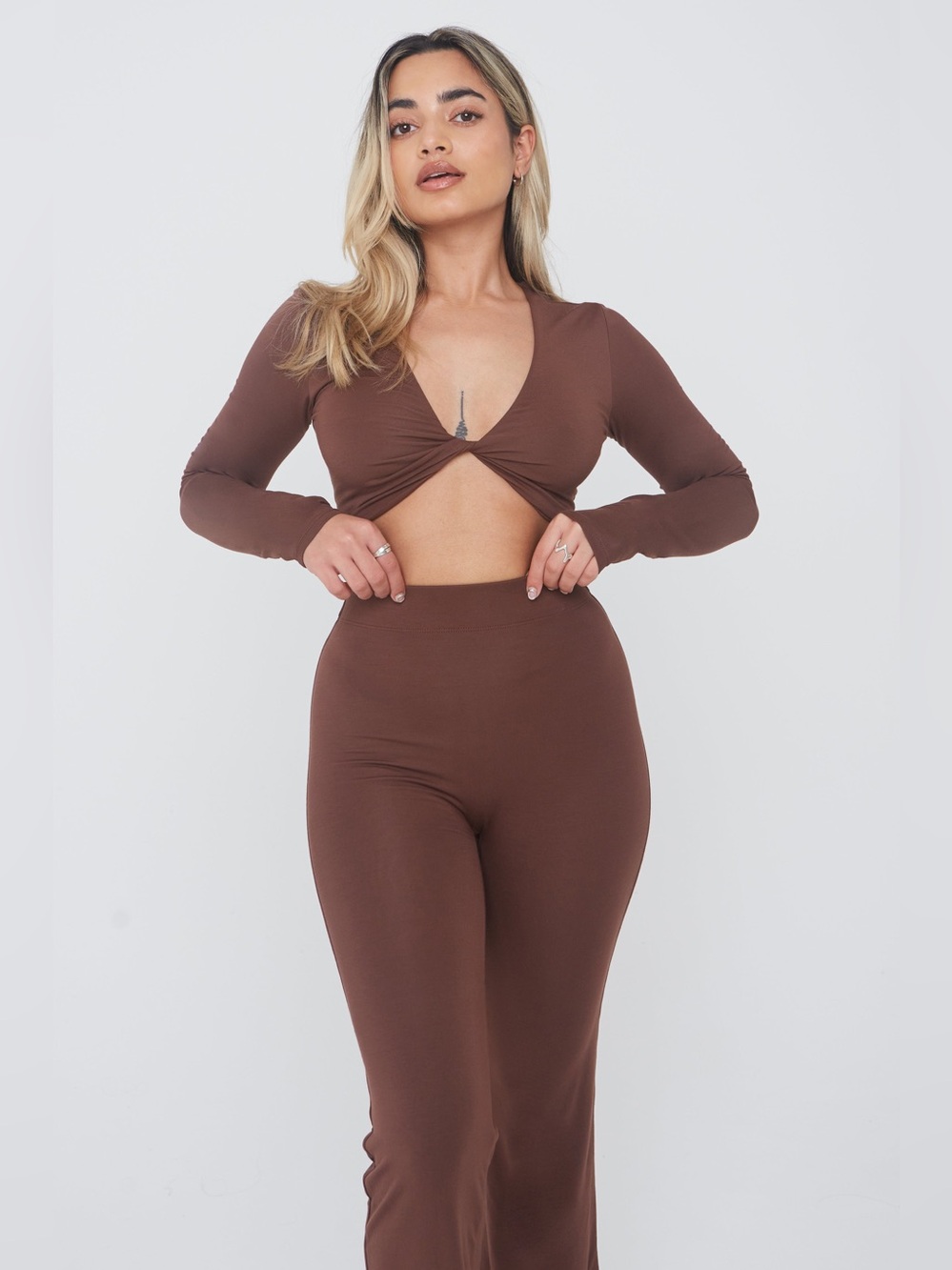 TALA 365 Twist Front Long Sleeve Crop Top - Chocolate
